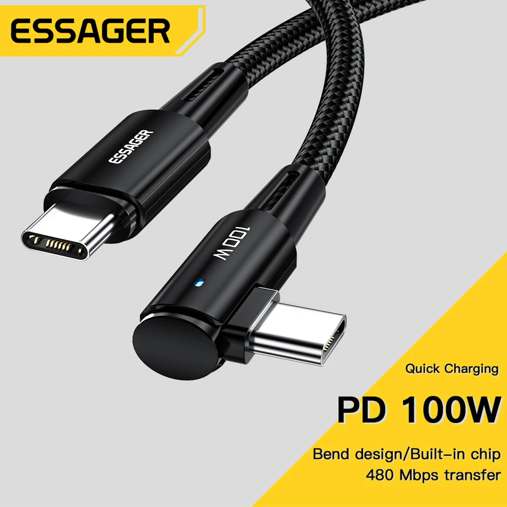 Cabo USB-C para USB-C com Ângulo de 90º - Carregamento Rápido 100W